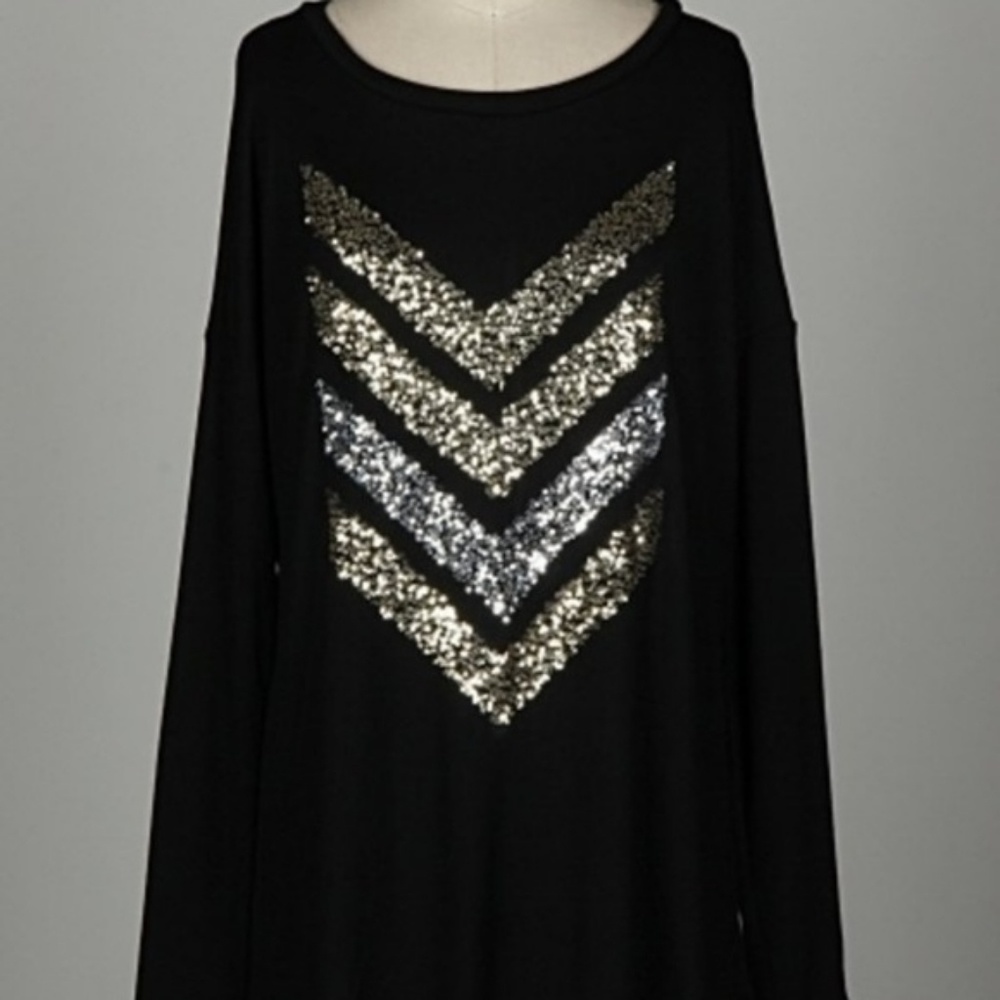1 LEFT Boutique Black Sequin Chevron Tunic Top - Picture 5 of 7